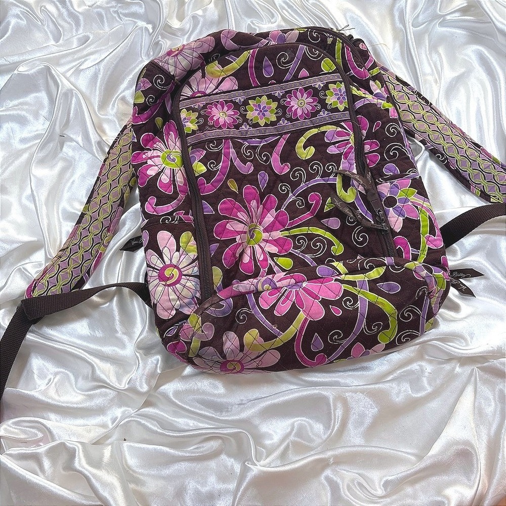 vintage Vera Bradley Backpack Purple Good Quilted Plum Petals Floral Brown